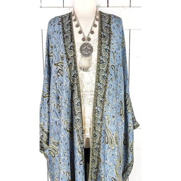 MAXI Grey blue paisley pashmina kimono cover up cardigan jacket - Picture 2 of 7